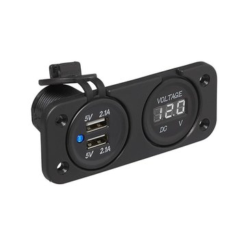 Flush mount kit: voltmeter 6-30V + USB-port double 2x2100mA