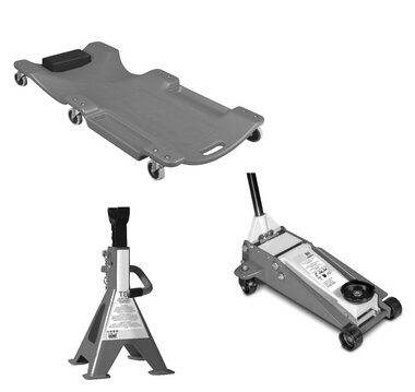 Set of hydraulic jack, garage stand and mounting lounger