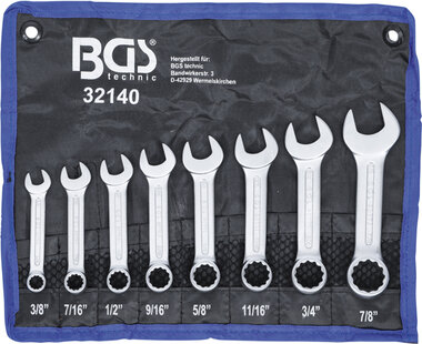 Combination Spanner Set, extra short Inch sizes 3/8 - 7/8, 8 pcs.